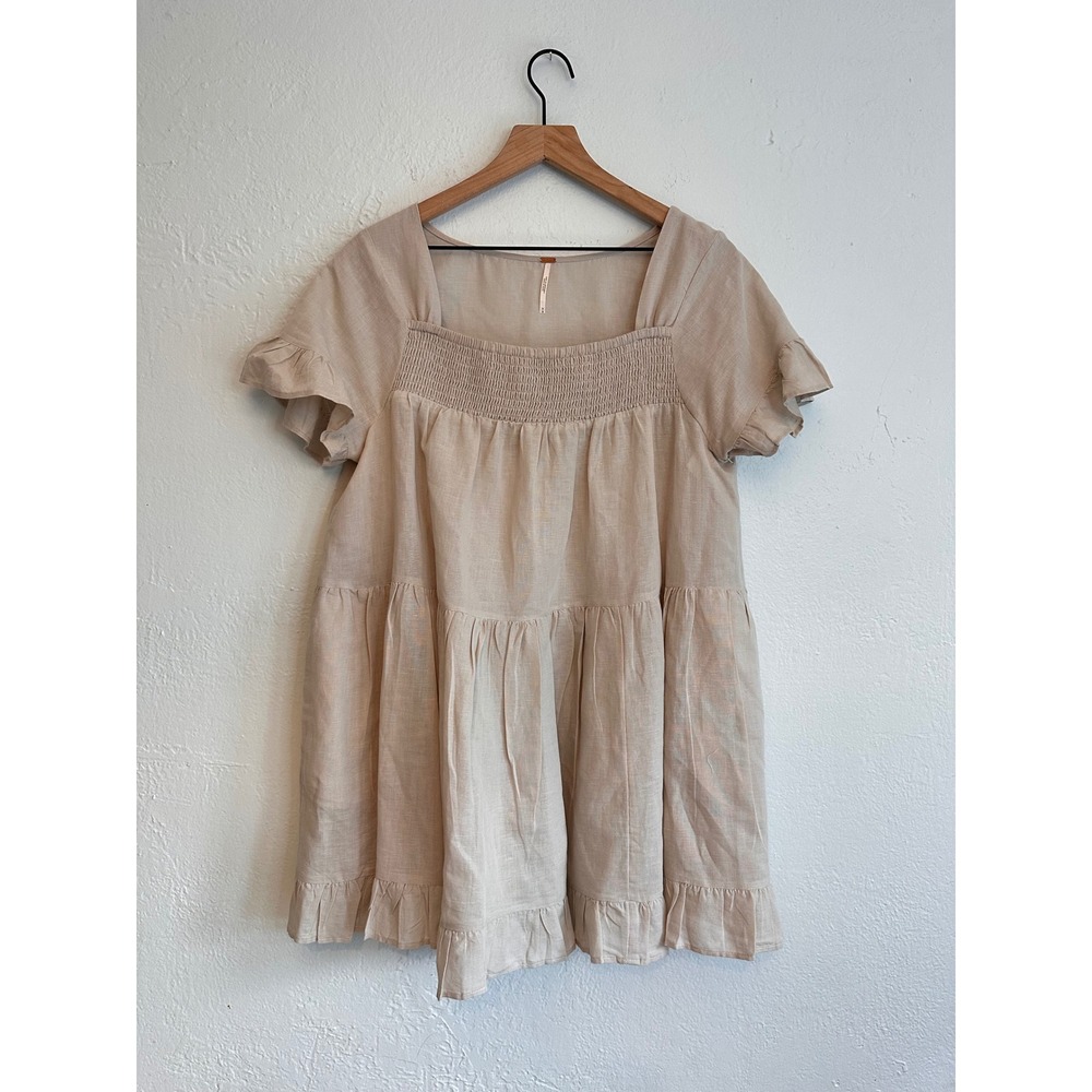 Free People Beige Linen Blend Smocked Ruffle Babydoll Top Medium OB1125218